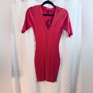 Guess Red Ribbed V-Neck Dress